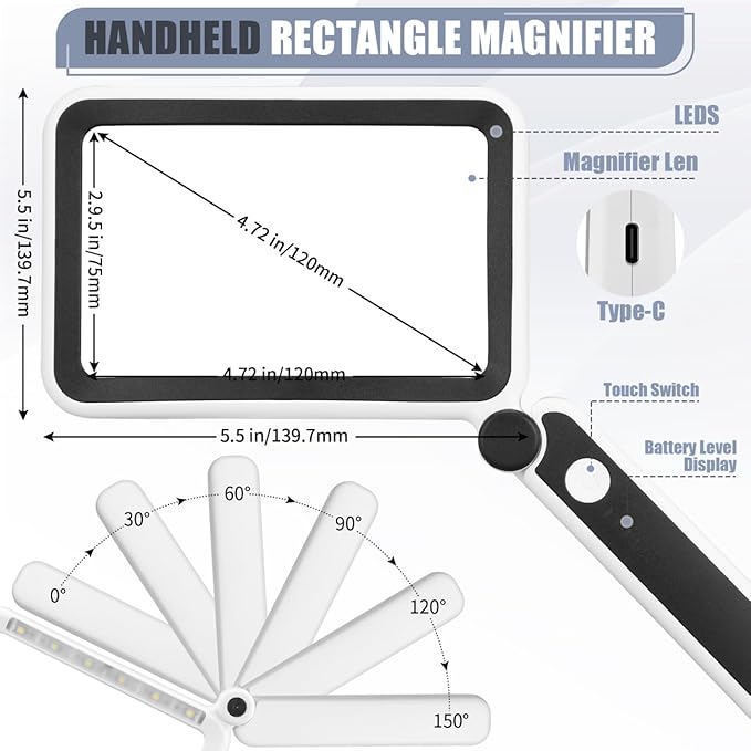 Magnifying Glass for Reading, Rechargeable 5X Large Page Magnifier with Light, Folding Handheld Dimmable Rectangle Lighted Magnifier for Reading Book Small Print for Seniors Low Vision, Black White