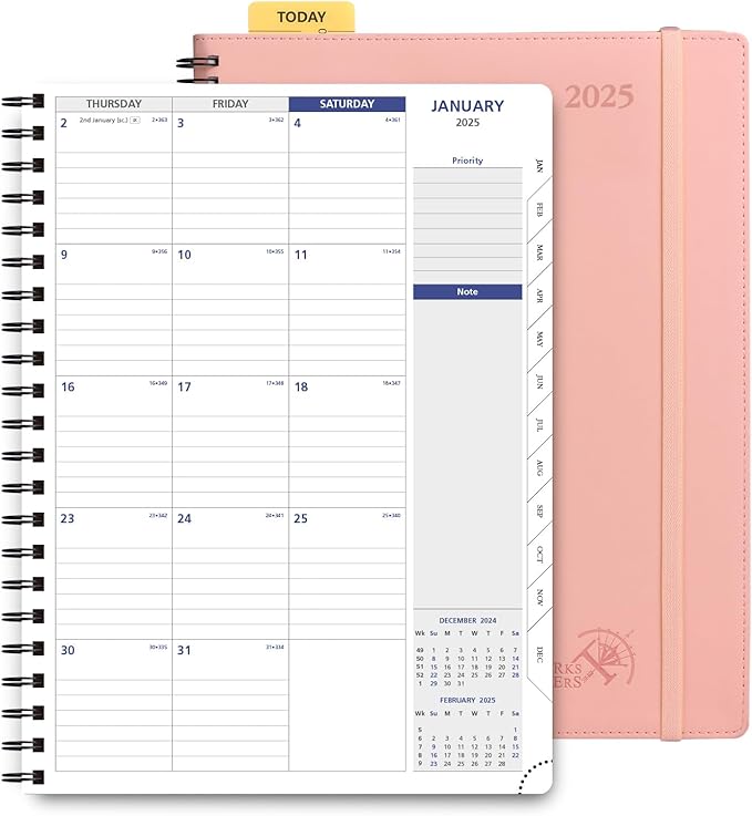 POPRUN 2025 Monthly Calendar Spiral Bound with Monthly Tabs 8.5" x 11", Large Writing Space Monthly Planner with PU Leather Soft Cover, Dual Pockets, Sunday Start - Soft Pink