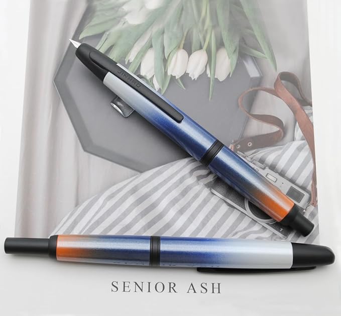 JINHAO 10 Press Fountain Pen, Retractable Metal Pen with Ink Converter (EF Nib 0.38mm, Gradient Dark Blue - Black Clip)