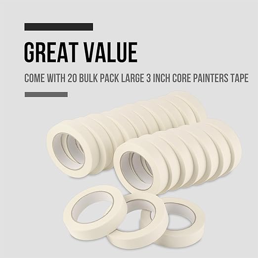 Lichamp Masking Tape 1 inch, 20 Pack General Purpose Beige Masking Tape White Masking Paper, 1 inch x 55 Yards x 20 Rolls (1100 Total Yards)