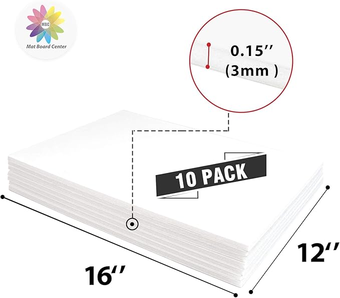 Mat Board Center, Pack of 10 Acid-Free Foam Boards, 12x16 inch White Foam Boards, 1/8" Thick