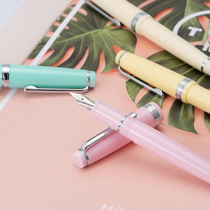 Jinhao 82 Pink Acrylic Fountain Pen, Iridium Bent Nib Classic Design Smooth Writing Pen with Ink Converter (Silver Trim)