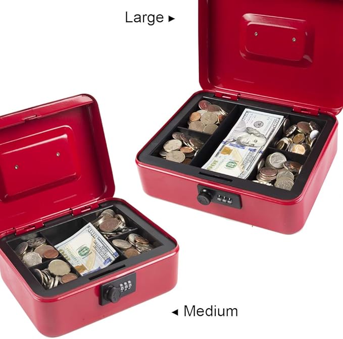 KYODOLED Medium Cash Box with Combination Lock Safe Metal Money Box with Money Tray for Security Lock Box 7.87"x 6.30"x 3.54" Red Medium