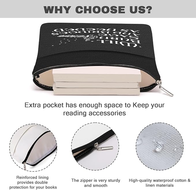 Book Themed Gifts Waterproof Book Sleeve Book Pouch Funny Halloween Reading Gifts Witchy Gifts for Women Sister Book Covers for Paperbacks Book Accessories Book Protector with Zipper and Front Pocket