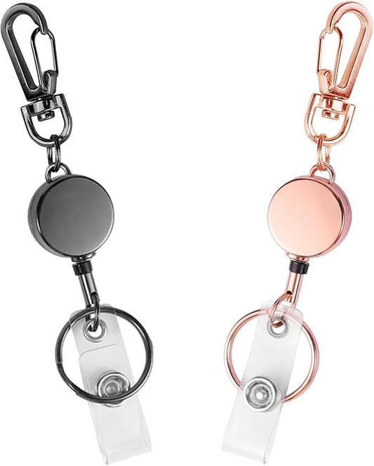 Badge Holder Retractable Clip, Metal Badge Reel Retractable Keychain Carabiner Badge Clip ID Badge Holders with Retractable Cord, 2 Pack (Black,Rose Gold)