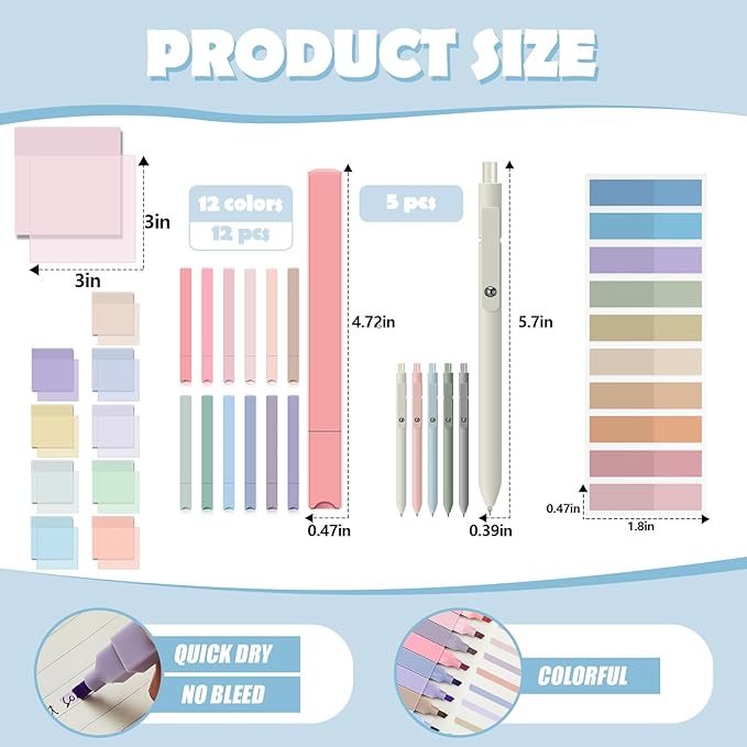 Jutom 39 Pcs Aesthetic Book Annotation Kit Pencil Case Bag with Highlighter Gel Pen 700 Sheets Transparent Sticky Notes Pads Index Tab Bible Study Supplies for School(Pink,Cute Style)