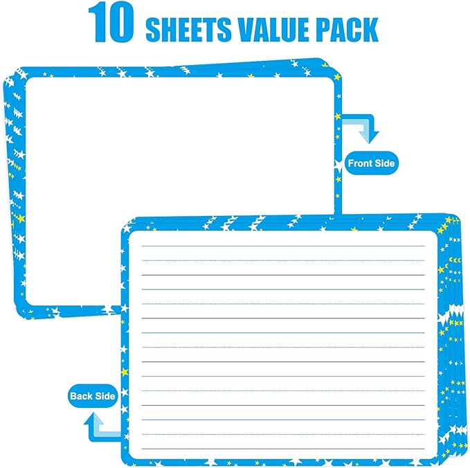 Lined Dry Erase Whiteboard Sheets for Students - Reusable Writing Practice Boards, Classroom & Homeschool Supplies, Teacher Pack of 10, 9”x12”