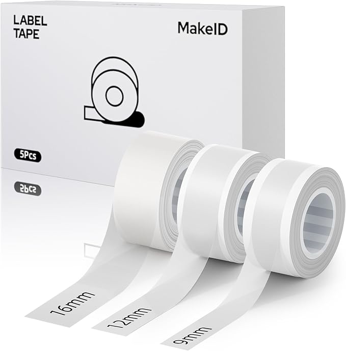 MakeID L1 E1 Q1 Label Maker Tape Refills, 3-Roll 9/12/16mm Continuous Consumables Thermal Laminated Office Labeling Tape Replacement