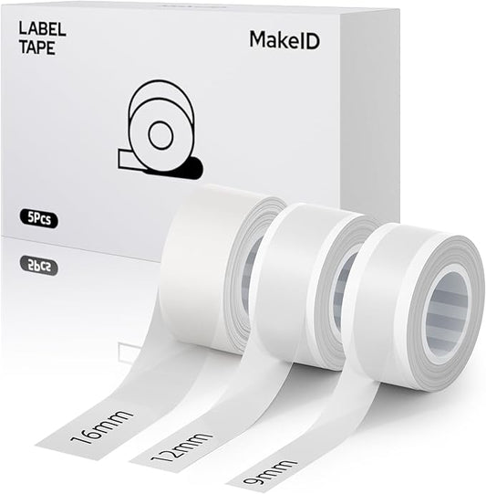 MakeID L1 E1 Q1 Label Maker Tape Refills, 3-Roll 9/12/16mm Continuous Consumables Thermal Laminated Office Labeling Tape Replacement