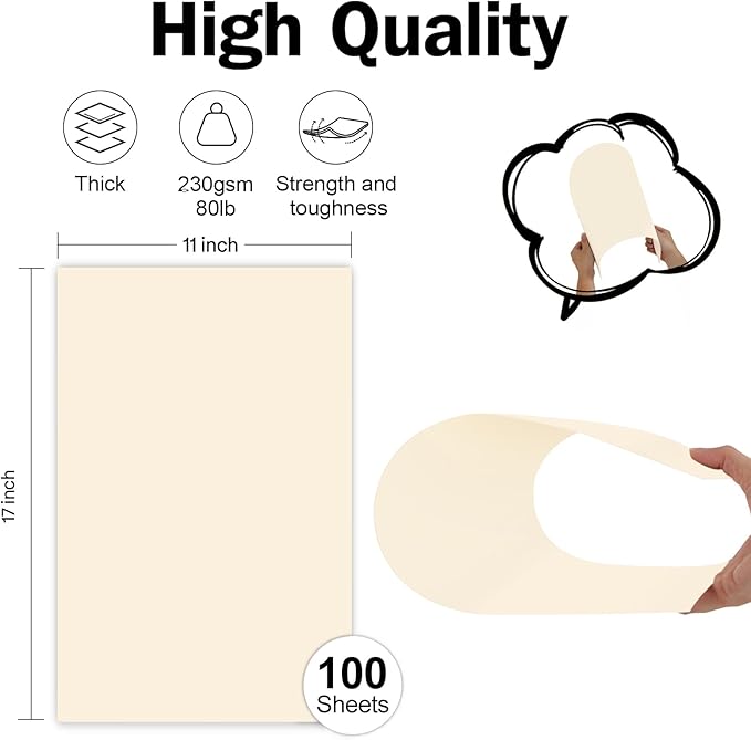Cream Blank Cover Stock 11x17 100 Sheets Thick Card Stock, Goefun 80lb Ivory Heavyweight Legal Size Printer Paper for Arts and Crafts, Flyers, Menus, Posters