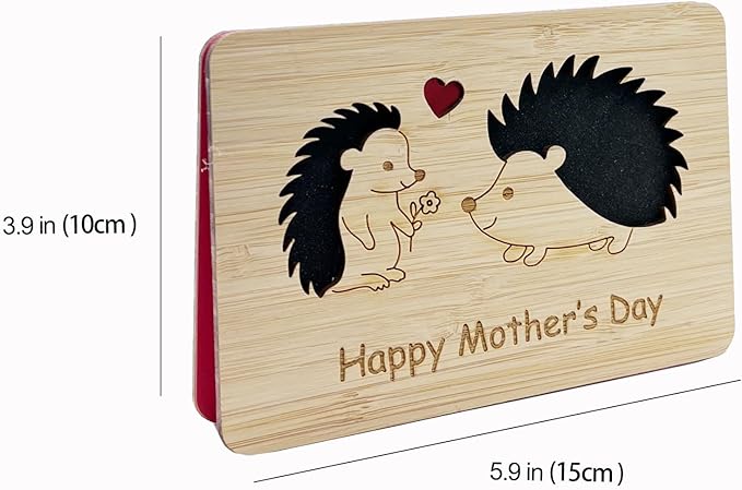Mothers Day Cards,Handmade Bamboo Greeting Cards,Wooden Thankyou Card,Mother's day Card for Mom,Mum,Hedgehog mom