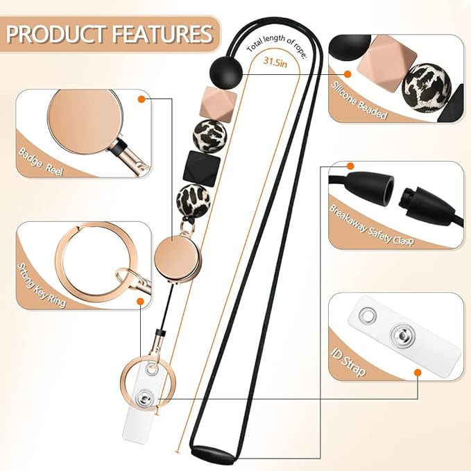Retractable Lanyards for ID Badges and Keys, Cute Breakaway Teacher Lanyard with Badge Holders and Reels, Silicone Beaded Lanyard for Women, Nurses, Office with 2 Waterproof Card Holders