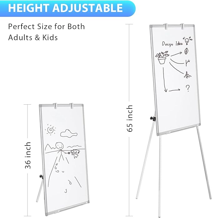 Easel Whiteboard - Magnetic Portable Dry Erase 36 x 24 Tripod Height Adjustable, 3' x 2' Flipchart Easel Stand White Board for Office or Teaching at Home & Classroom (36x24 White)