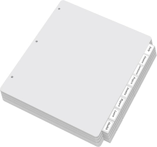 3 Ring Binder Dividers with 8 Tabs, 12 Set 8 Dividers Binder, 1/5 Cut Tabs, Letter Size Binder Dividers White, Sheet Protectors 8.5" x 11", 3 Hole Punch Dividers 8 Tab Sets, Total 96 Dividers