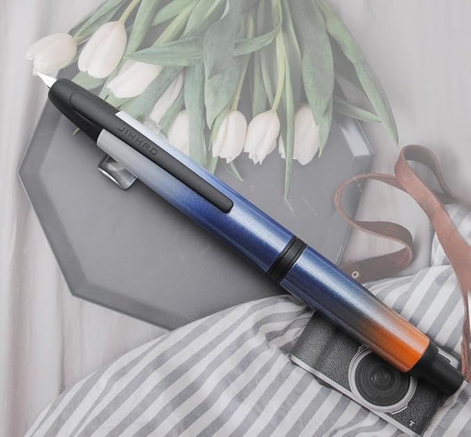 JINHAO 10 Press Fountain Pen, Retractable Metal Pen with Ink Converter (F Nib 0.5mm, Gradient Dark Blue - Black Clip)
