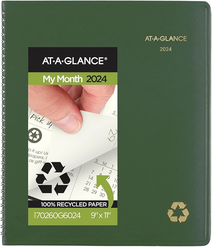 AT-A-GLANCE 2024 Monthly Planner, 9" x 11", Large, Spiral Bound, Recycled, Monthly Tabs, Green (70260G6024)