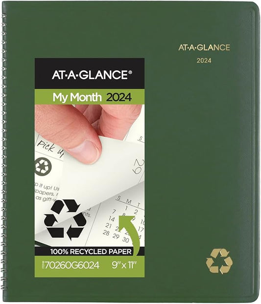AT-A-GLANCE 2024 Monthly Planner, 9" x 11", Large, Spiral Bound, Recycled, Monthly Tabs, Green (70260G6024)