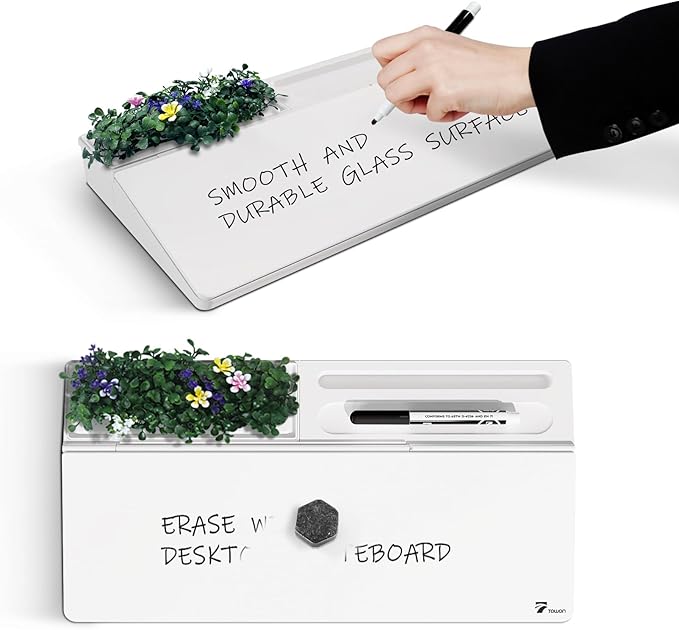 TOWON Small Desktop Whiteboard with Artificial Potted Plant & Nano Incense Stone Aromatic, Dry Erase Board for Desk Notes, Desktop Whiteboard Notepad Dry Erase with Organizer for Home Office Décor