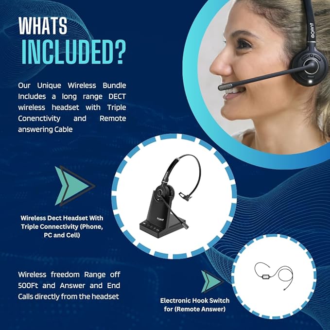 TruVoice Agent AW70 DECT 3-in1 Wireless NC Headset with EHS for Remote Answer - Compatible with Cisco IP Phones : 8851 8861 8865 8961 9951 9971 DX650 DX70 and Computer + Cell Phones