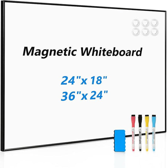 Magnetic Whiteboard, 24'' x 18'' White Board Dry Erase Board for Wall, Hanging Black Aluminum Frame Wipe Board for Home, Office, School