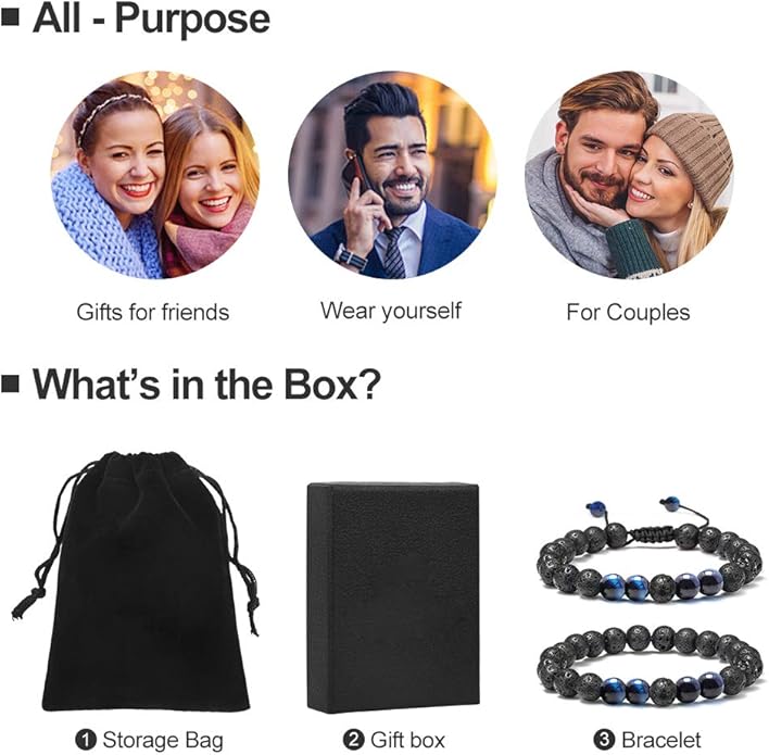 M MOOHAM Natural Stone Bracelets for Men - 8mm Tiger Eye | Matte Agate | Lava Rock Bracelets for Men Teen Boys Gifts Birthday Anniversary Christmas Gifts for Men Teens