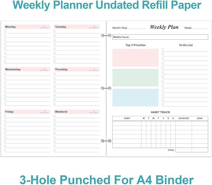 3-Hole Weekly Planner Refills - 53 Sheets/106 Pages Colorful Weekly Planner for 3 Ring Binders, 100 gsm White Paper, 8.5'' x 11''