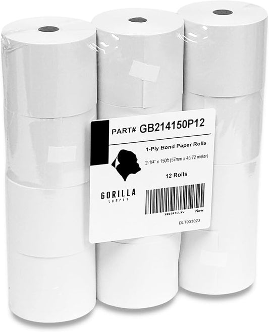 Gorilla Supply 2 1/4 in x 150 ft Bond Paper Rolls, 2.25" x 150' Adding Machine Tape, 1-Ply Receipt Paper Rolls for El-1750 1801 P23, BPA Free, 12 Rolls