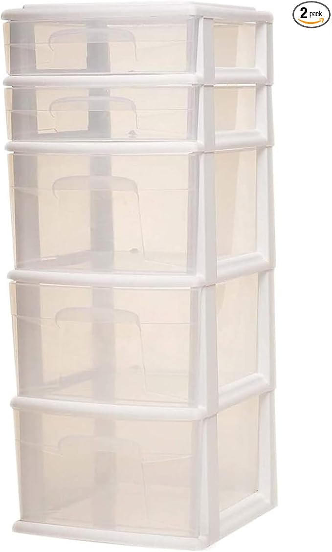 HOMZ 2-Pack 5-Drawer Storage Unit, Home & Office Plastic Organizer, White Frame