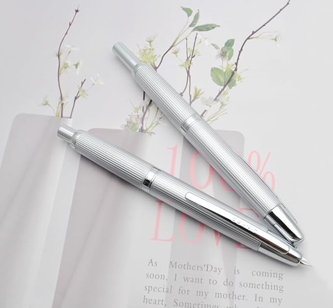 JINHAO 10 Press Fountain Pen, Retractable Metal Pen with Ink Converter (F Nib 0.5mm, Striated Silver)