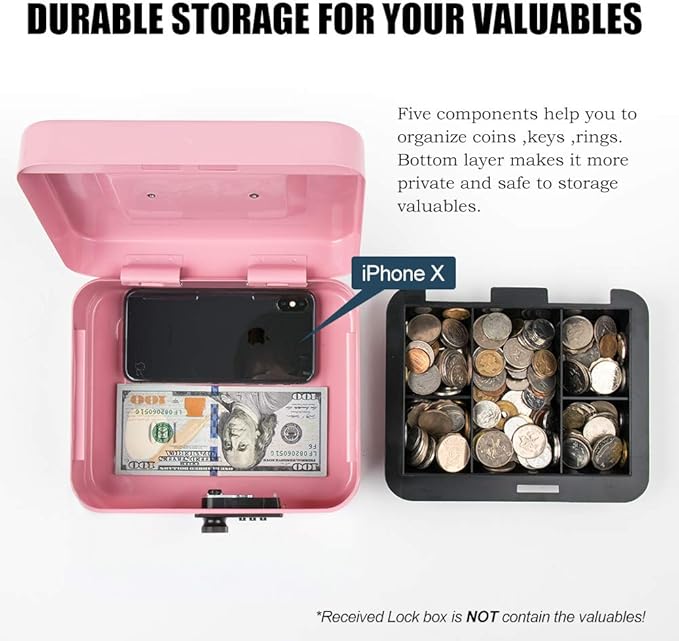 KYODOLED Medium Cash Box with Combination Lock Safe Metal Money Box with Money Tray for Security Lock Box 7.87x 6.30x 3.54Inch Pink Medium