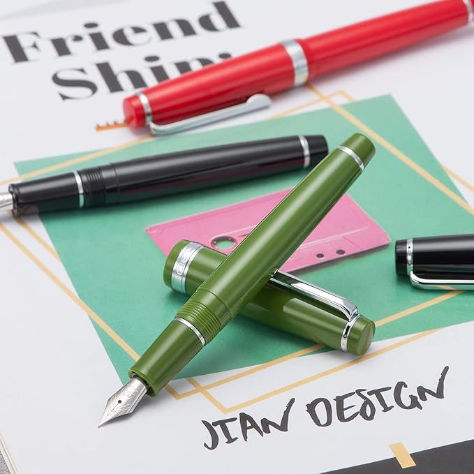 Jinhao 82 Black Acrylic Fountain Pen, Iridium Bent Nib Classic Design Smooth Writing Pen with Ink Converter (Silver Trim)