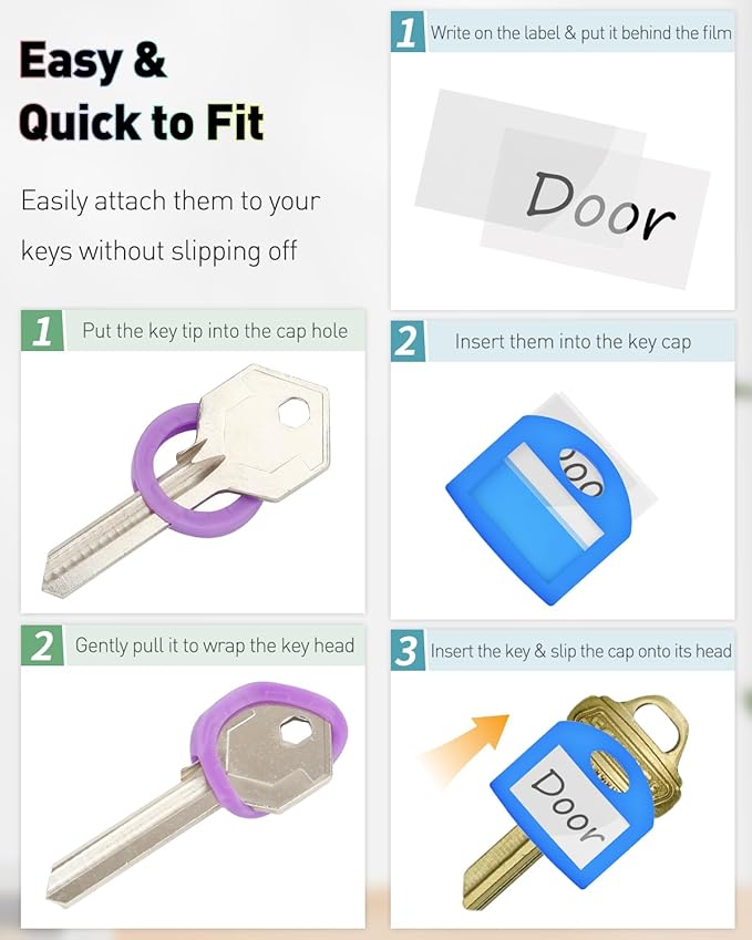 Uniclife 12 Pack Round Key Caps Covers and 12 Pack Key Cap Tags with Blank Paper Labels & Clear Windows Colorful Key Identifiers Protectors for Regular Flat House Keys (Not for Odd-Shaped Keys)