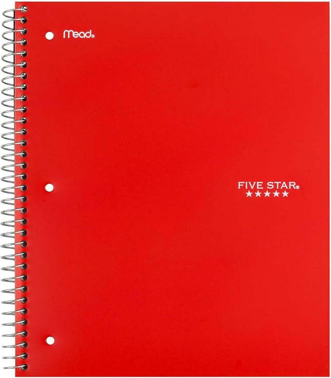 Five Star Spiral Notebook + Study App, 3 Subject, Wide Ruled Paper, 10-1/2" x 8", 150 Sheets, Red (72029)