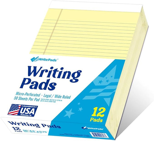 KAISA Legal Pads 8.5x11 Writing Pads Wide Ruled Notepads 8.5"x11.75" Canary Note Pads, Yellow 50 Sheets 12 Pads,WT-MCY50W