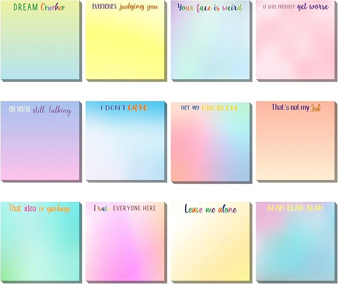 12 Pieces Snarky Office Sticky Notes Funny Note Pads Work Sucks Complaining Quotes Vibrant Negative Passive Office Notepads Adhesive Memo Pad for Colleague Supplies, 3 x 3 Inch(Funny Style)
