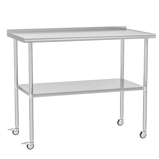 Stainless Steel Table with Wheels 30 x 48 Inches Metal Prep Table with Backsplash & Adjustable Undershelf, Stainless Table for Commercial Kitchen, Outdoor, Restaurant, Hotel & Garage