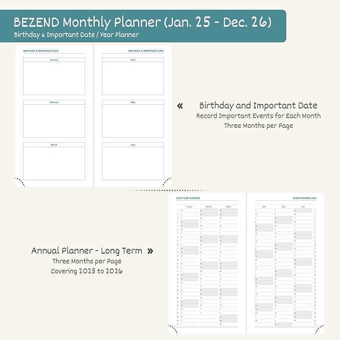 BEZEND 2 Year Pocket Calendar 2025-2026 - Small Monthly Planner for Purse 6.5" x 3.5", Runs Jan 2025 to Dec 2026, 100 GSM Paper, Pen Loop & Notes, PU Leather Hardcover in Turquoise
