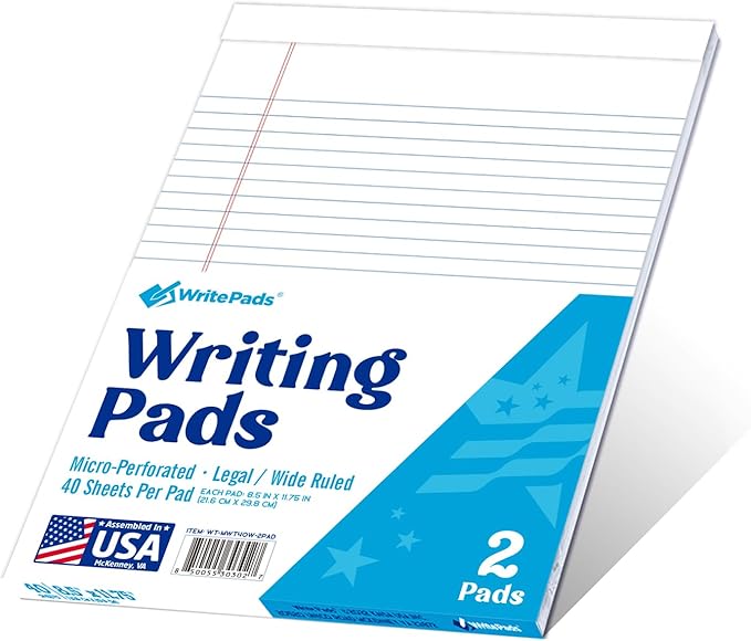 KAISA Legal Pads 8.5x11 Writing Pads Wide Ruled Notepads 8.5"x11.75" White Note Pads 40 Sheets 2 Pads,WT-MWT40W-2PAD，Made in the USA.