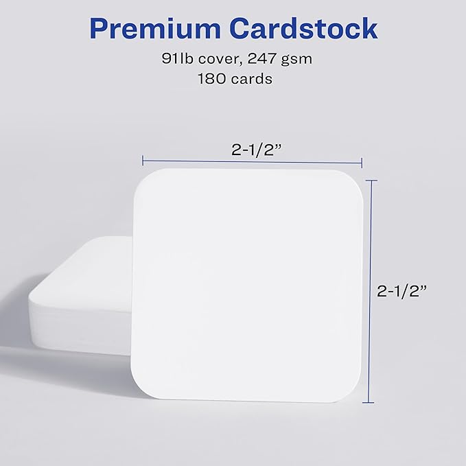 Avery Clean Edge Printable Square Cards with Sure Feed Technology, Rounded Corners, 2.5" x 2.5", White, 180 Blank Cards for Laser Printers (35703)