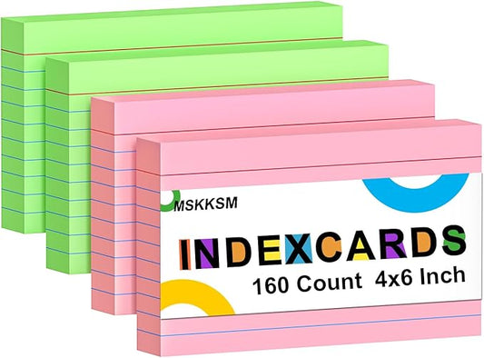 Pink Index Cards 4x6 Inch - 160 Pack, Ruled Index Flash Cards for Studying, Lined Large Pink Note Cards 4" x 6" Colorful, Heavy Colored Flashcards 4 x 6 Notecards for Office & Teaching Supplies