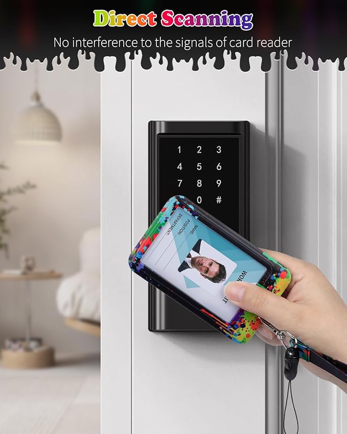 Uniclife Fashionable Sliding Badge Holder Paint Splash Plastic Case with Retractable Badge Reel Carabiner Clip & Detachable Lanyard Strap Vertical Card Protector for Worker Nurse Teacher Student