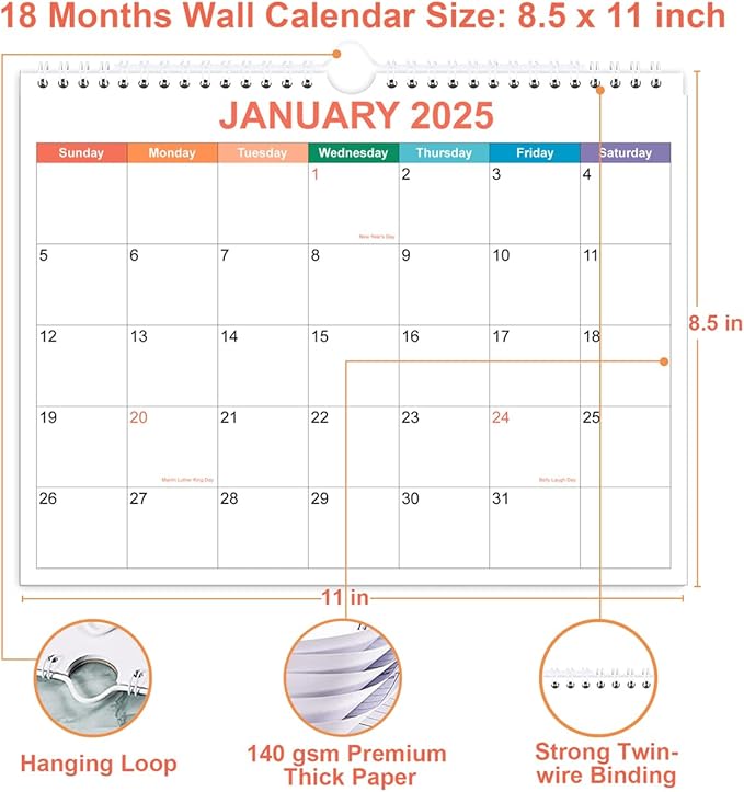Calendar 2025, Wall Calendar 2025-2026 from January 2025 - June 2026, 18 Months Calendar with Premium Paper, Twin-Wire Binding & Hanging Hook, 8.5" x 11", Colorful