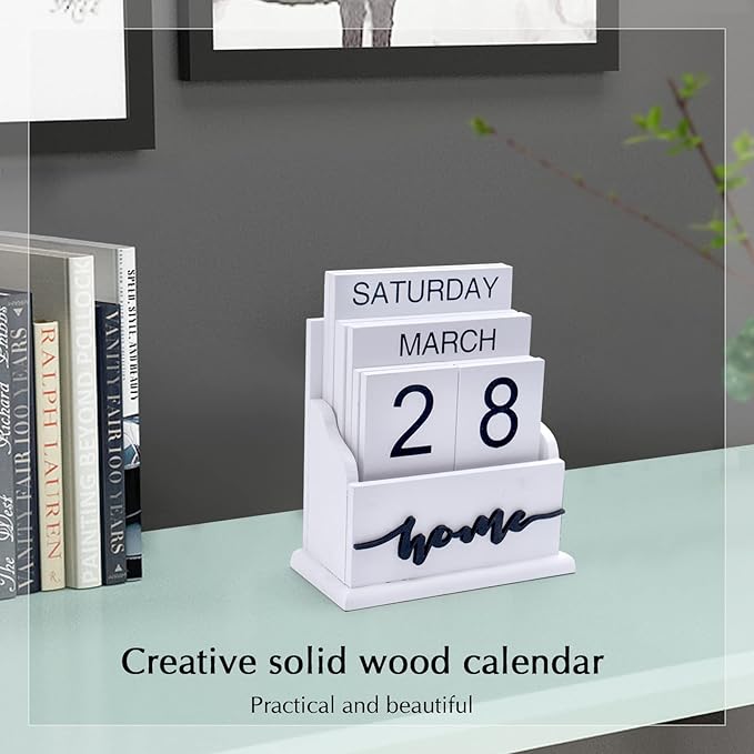 Notakia Perpetual Calendar Wooden Calendar Blocks Vintage Wood Block Calendar for Home Office Desk Accessories Week Month Date Display (White Home Calendar)