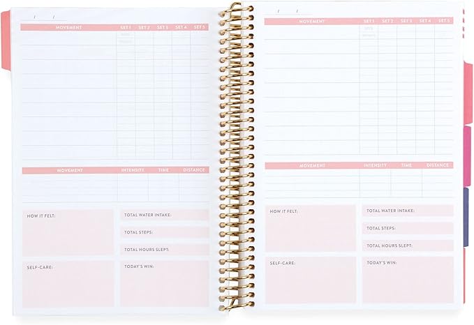 A5 Spiral Bound Fitness Planner – Metallic Gold Rise - 5 Tabs with 160 Pages for Exercise Planning with Intro, Goal Setting, Movement, Progress Check-Ins, Notes & more - Erin Condren