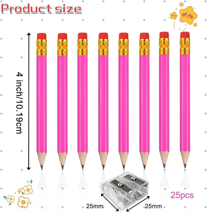 Adhere 25pcs Golf Pencils with Eraser Pre sharpened Hexagon half Wooden Pencils Graphite 2B for Golf Event Scoring,Classroom,Wedding,Company Meetings,Pew, Pocket (Rose Red)