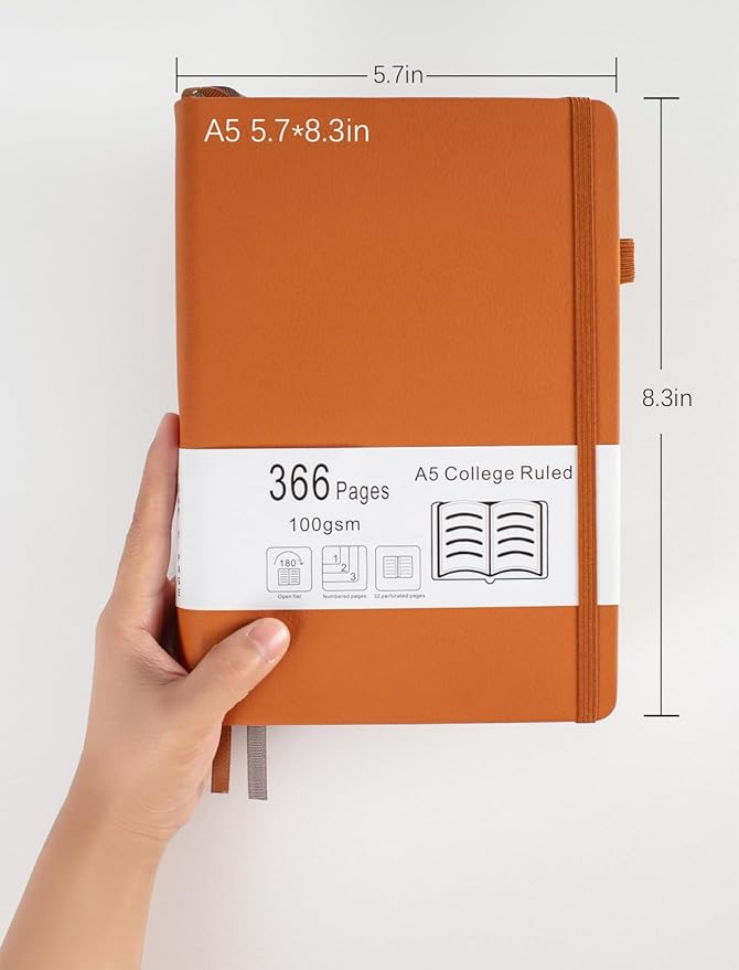 Thick College Ruled Notebook with 366 Numbered Pages, A5 Journal for Writing with 100GSM Lined Paper, Hardcover Leather Notebooks for Women Office Work Diary, 5.7"x8.3" Lavender