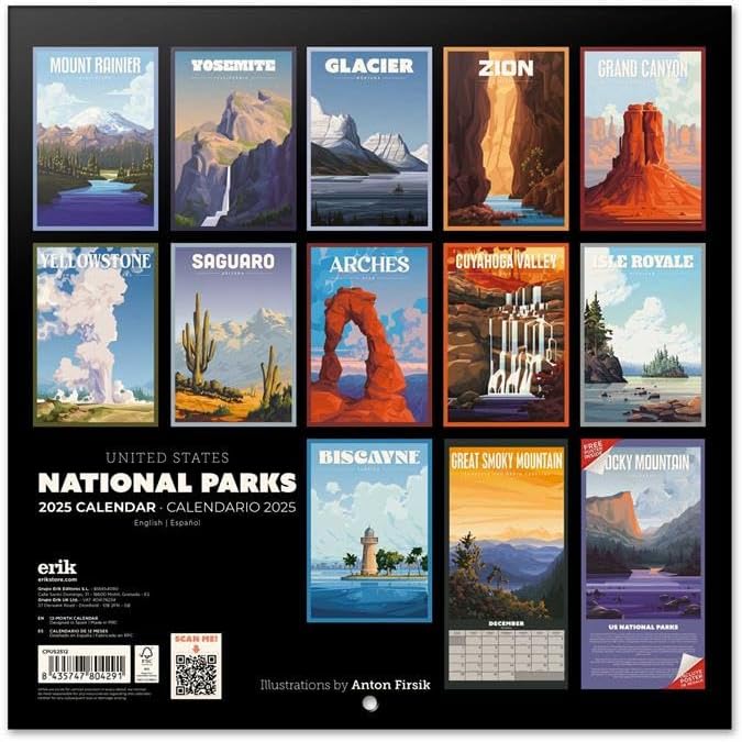 USA National Parks Wall Calendar 2025 12" x 12" FSC® Plastic Free - Week Starts On Sunday | Square Wall Calendar 2025 | Family Planner Calendar 2025 | National Parks Calendar 2025