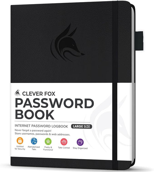 Clever Fox Password Book with Alphabetical tabs. Internet Address Organizer Logbook. Large Password Keeper for Website Logins (Black)