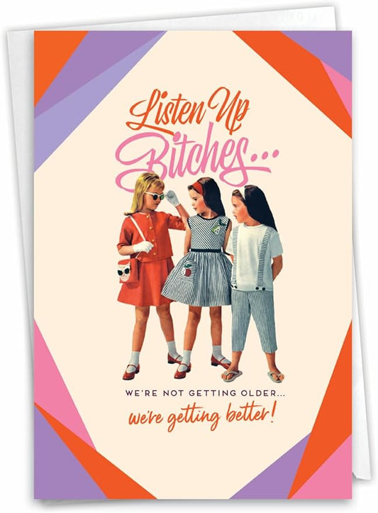 NobleWorks - 1 Funny Women's Birthday Card - Hilarious Bday Greeting Card with Envelope, Sassy Celebration - Listen Up C7026BDG