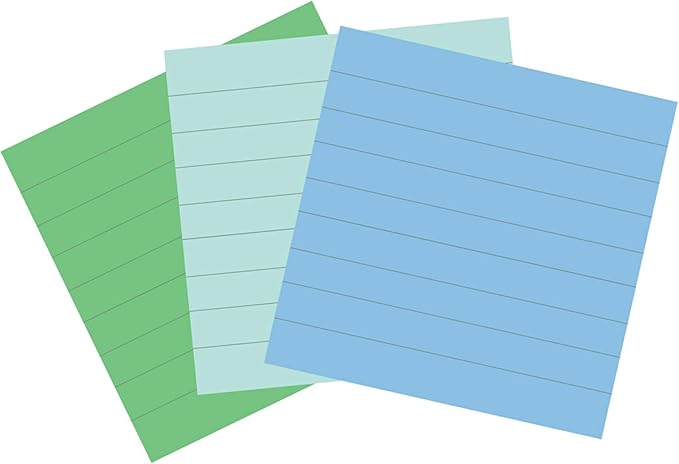 Post-it 100% Recycled Paper Super Sticky Notes, Lined, 4 in. x 4 in., 3 Pads, 70 Sheets per Pad, Oasis Collection, School Supplies and Office Products
